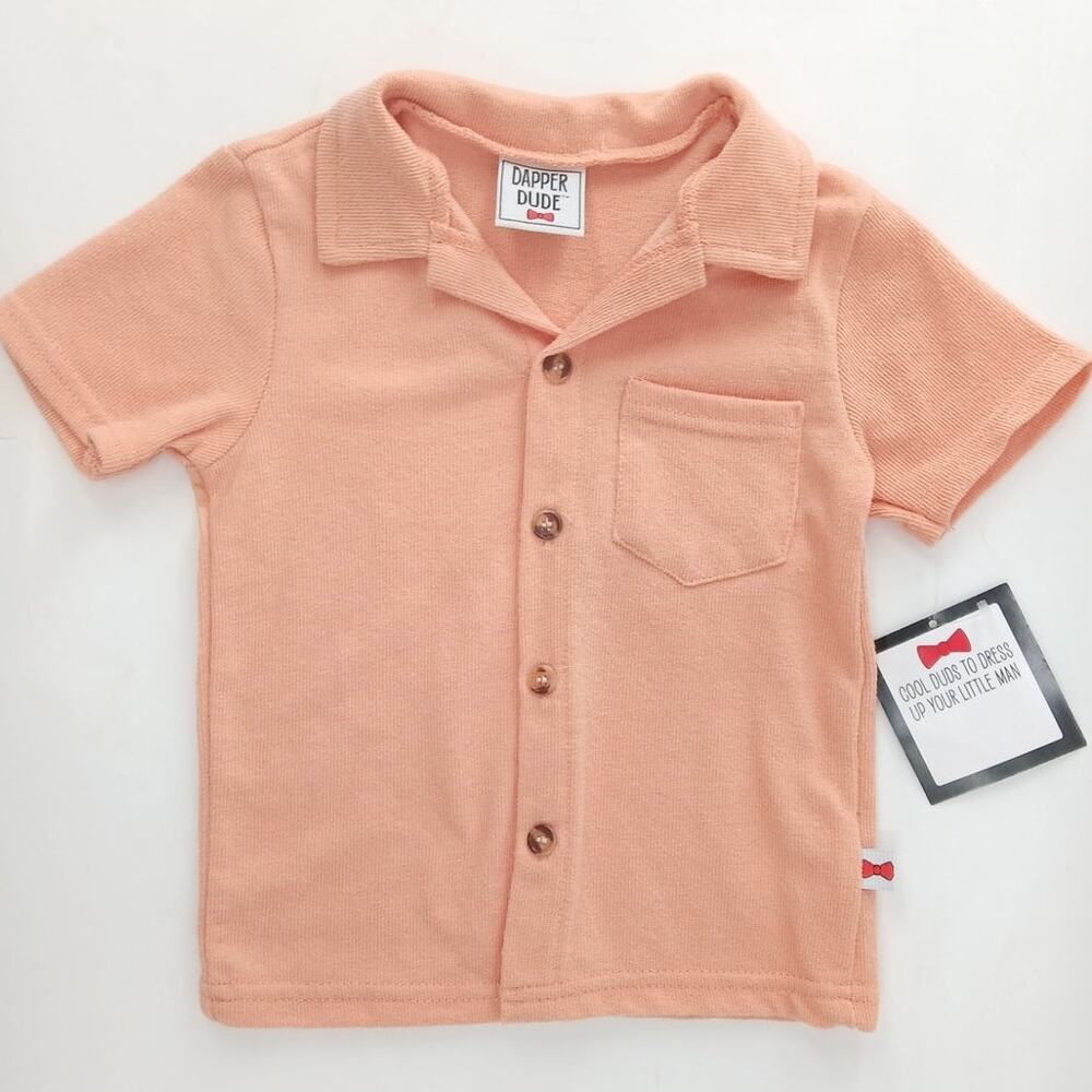 Dapper Dude Terry Cloth Collared Button Down Shirt Toddler Boys Size 24M Peach
